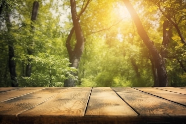 Wooden table in the forest with the sun shining on it