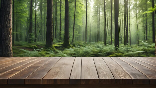 a wooden table in a forest with a window in the background