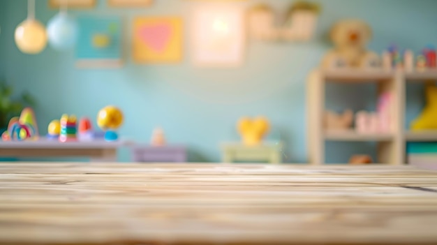 Wooden table free space over blur background of childrens room with kid toys Product Generative AI