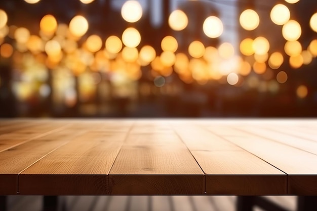 Wooden table in front of abstract blurred background of colorful restaurant lights Generative AI