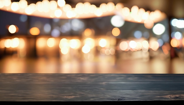 Wooden table in front of abstract blurred background of restaurant lights