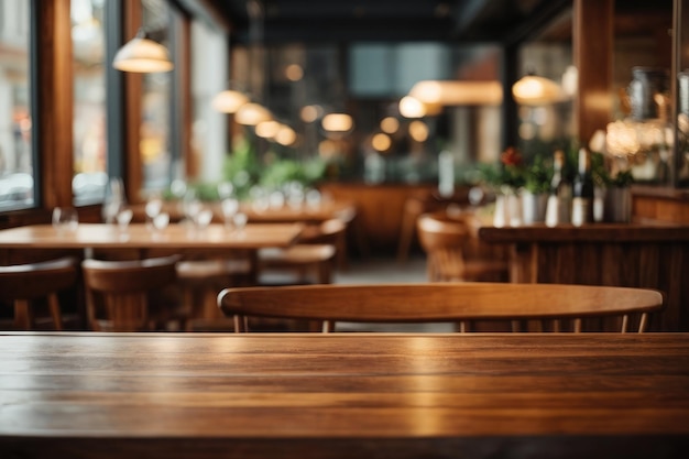 wooden table in front of abstract blurred restaurant background