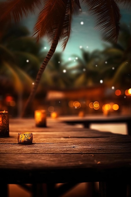 wooden table in front of the beach in the style of dark amber