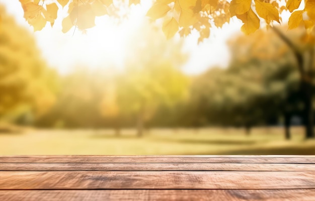 Wooden table in front of blurred autumn park background with copy space