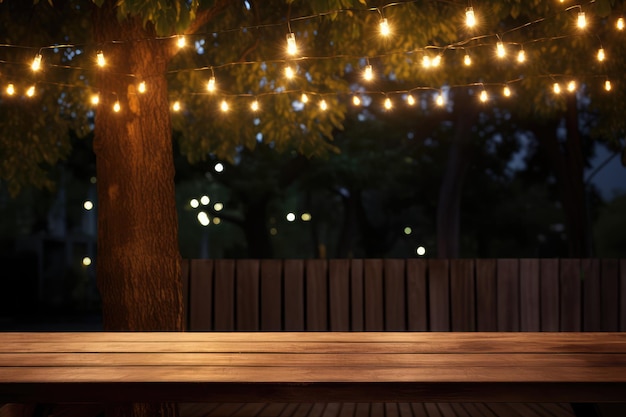 Wooden table in front of blurred background with bokeh lights