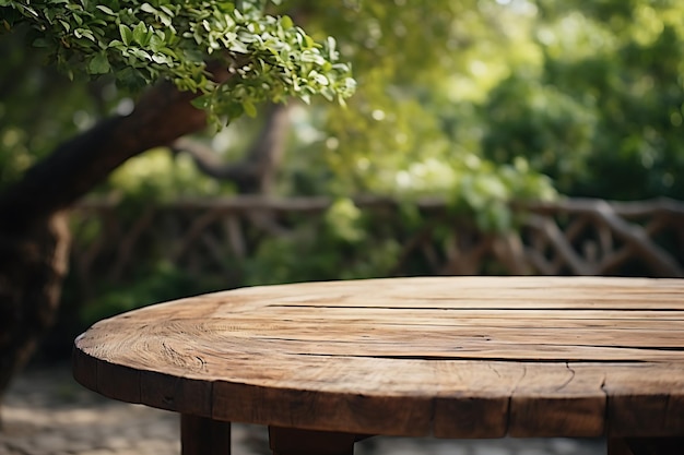 Photo wooden table in front of blurred tree