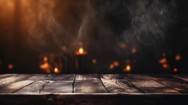 Wooden table in front of a burning fireplace Empty space for text