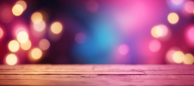 Wooden table in front of colorful bokeh lights banner background