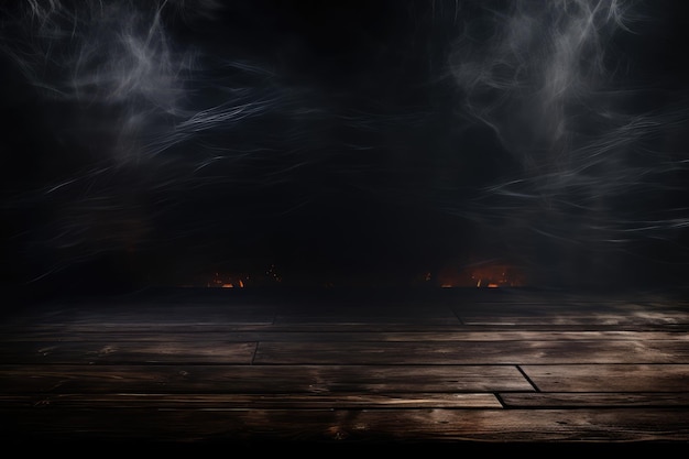 Wooden table in front of a fire and smoke on a dark background