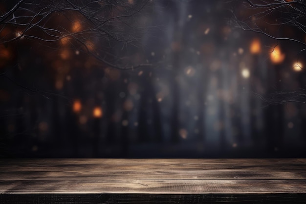 Wooden table in front of forest with fog on a dark background