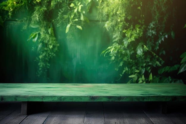 A wooden table in front of a green background generative AI