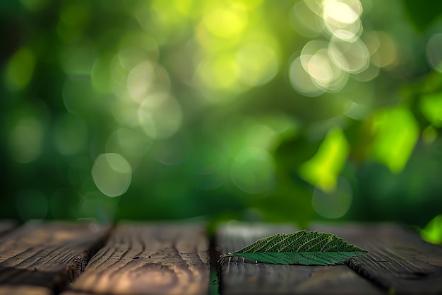 Wooden table in front of green nature bokeh background