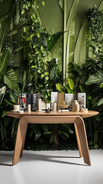 wooden table in front of interior wall and tropical green plant background