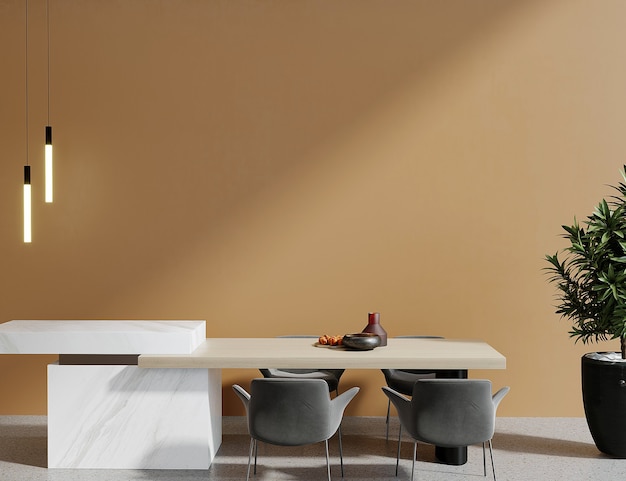 Wooden table front of the orange wall 3d render