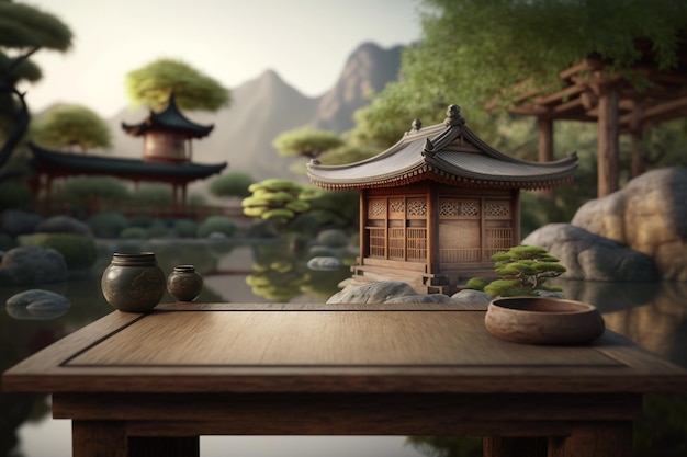 A wooden table in front of a pagoda Generative AI