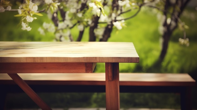 A wooden table in front of a tree with the word cherry on it.