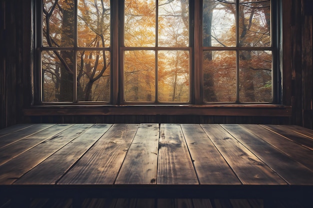 Wooden table in front of a window in the autumn forest