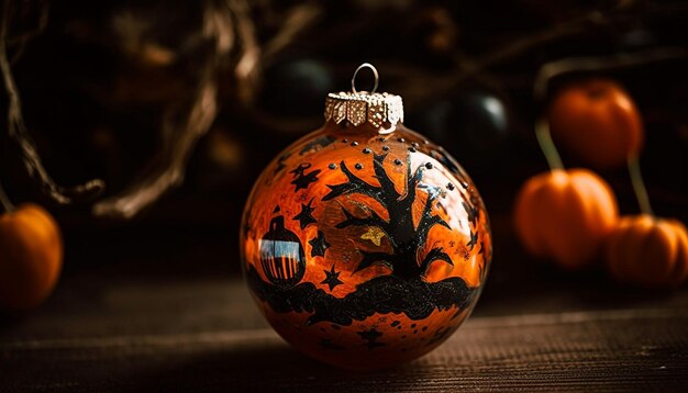 Photo wooden table glows with ornate pumpkin lanterns generated by ai