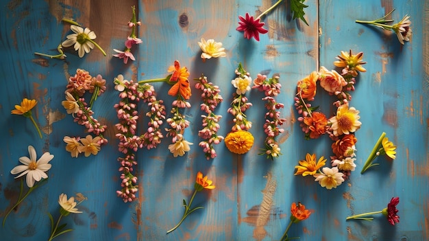 Photo a wooden table has flowers and the word  s  on it