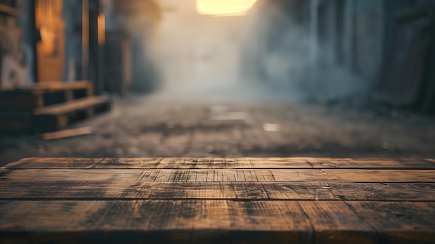 Wooden Table in a Hazy Street Scene