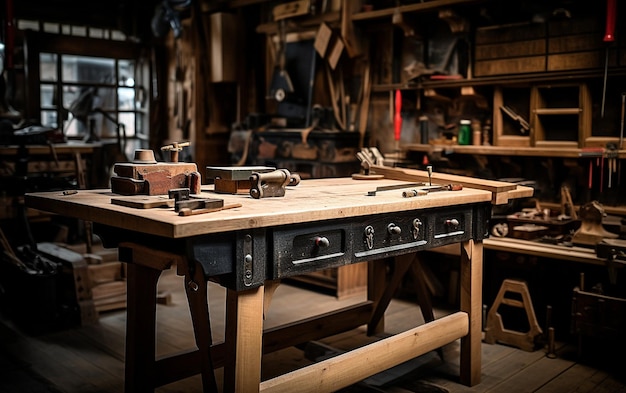 Wooden Table Inside Workshop with Tools