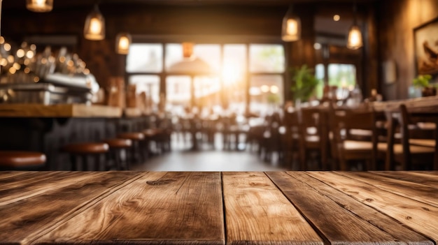 Wooden table is in front of restaurant with many chairs and tables inside