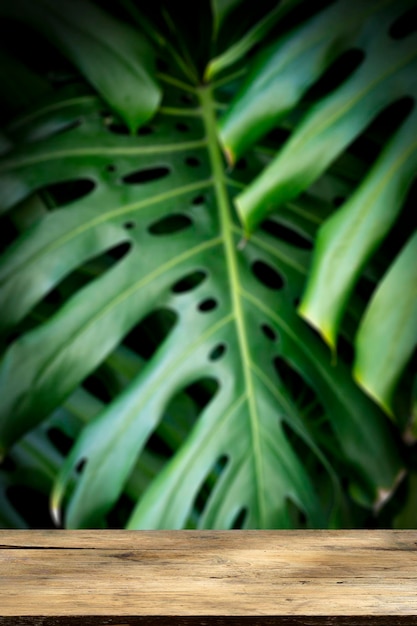 Wooden table jungle wall vertical background on smartphone blurred green tropical palm leaves with