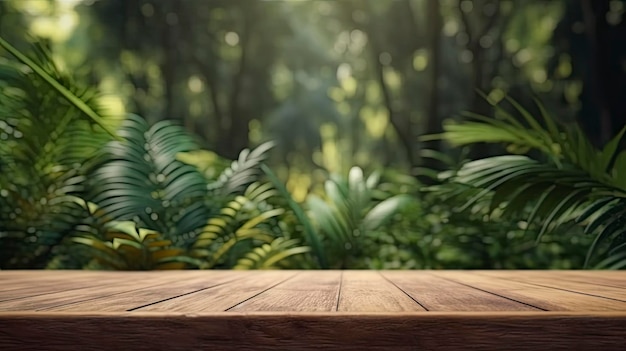 A wooden table in the jungle with a wooden table in the foreground