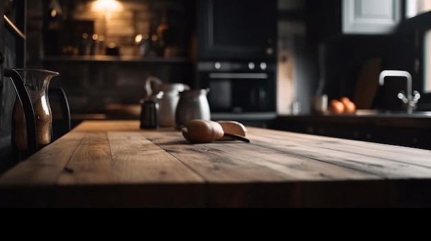 A wooden table in a kitchen with a black stove and a white sign that says'kitchen '