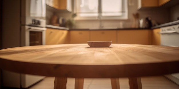 A wooden table in a kitchen with a bowl on it