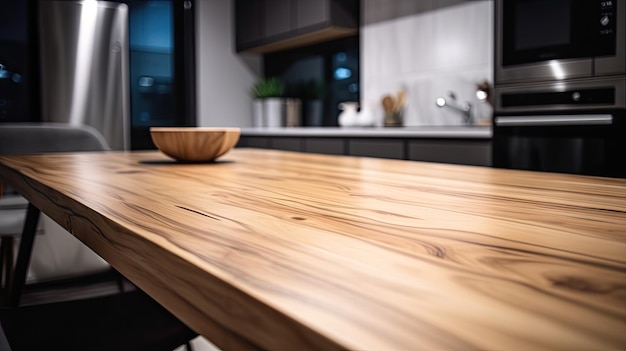 A wooden table in a kitchen with a bowl on it