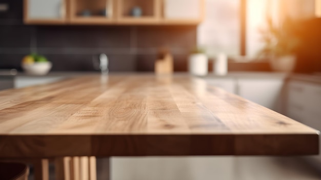 A wooden table in a kitchen with a plant in the background