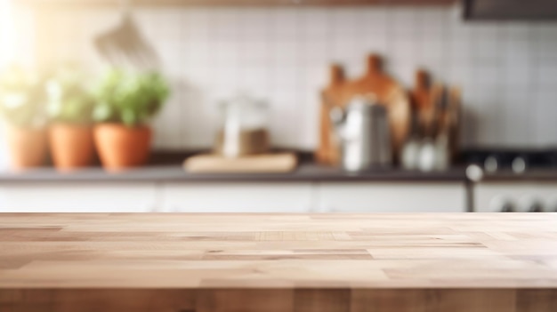 A wooden table in a kitchen with a potted plant in the background.