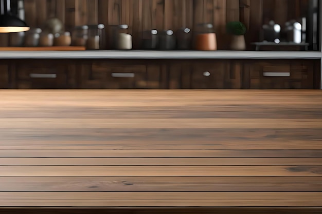 A wooden table in a kitchen with a shelf with pots on it