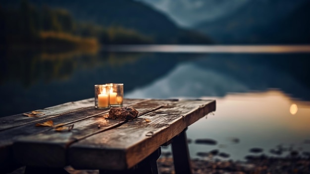 Wooden table in lake on mountain with bokeh lights