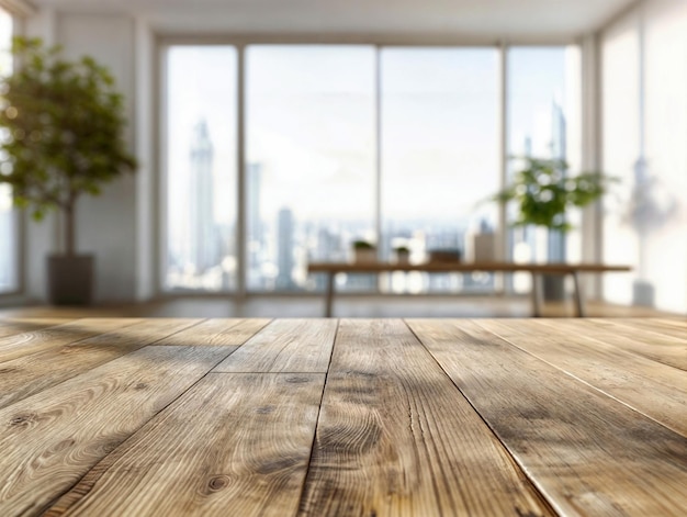 Wooden table leading to large windows with cityscape view blurred background