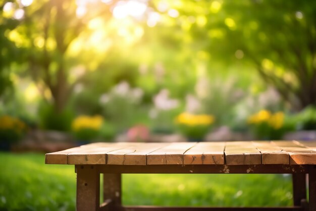 wooden table and leaves against a defocused landscape