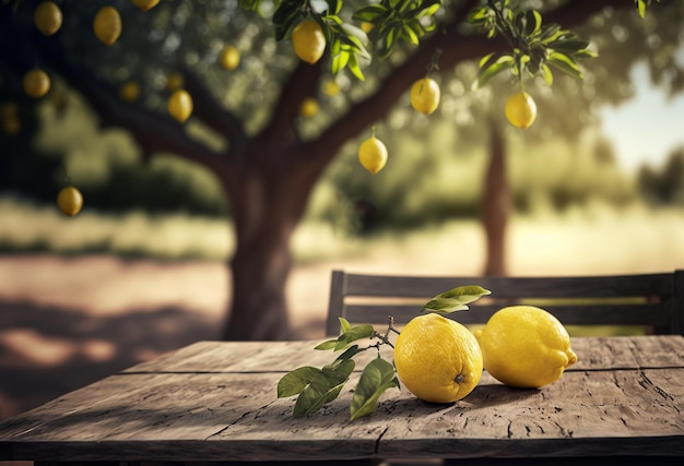 Wooden table lemon garden and blurred background Generative AI