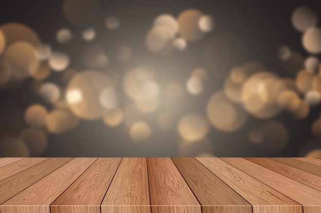 Wooden table looking out to a defocussed christmas bokeh lights