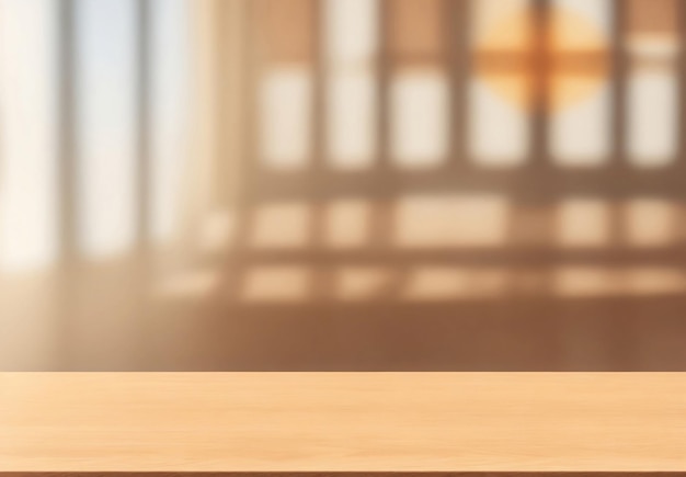 Wooden table looking out to a defocussed room interior with sun shining in the window