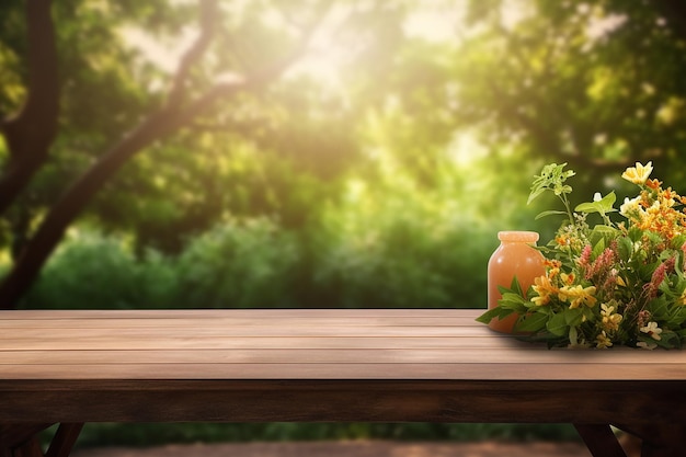 Wooden Table Over Lush Background