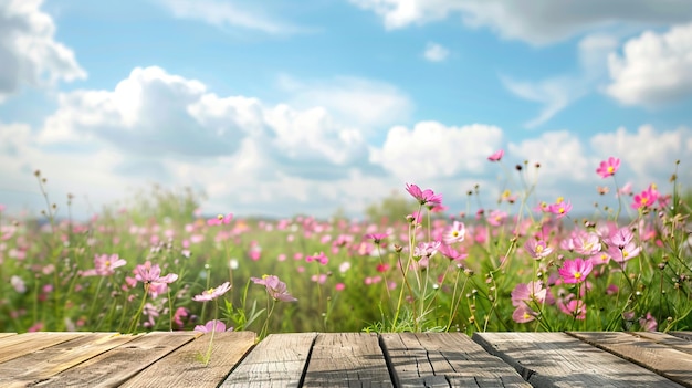 Wooden table in minimalist style with a spring landscape background