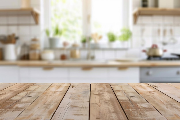 Wooden table mockup on kitchen blurred background for product display