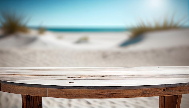 Wooden table no text Mockup blured beach background