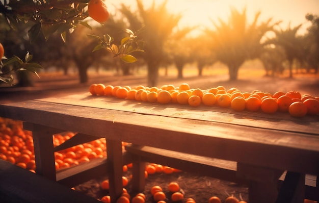 A wooden table in an orange yard looking over an orange field