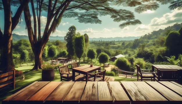 Wooden Table in Outdoor Cafe with Lush Trees and Clear Blue Sky