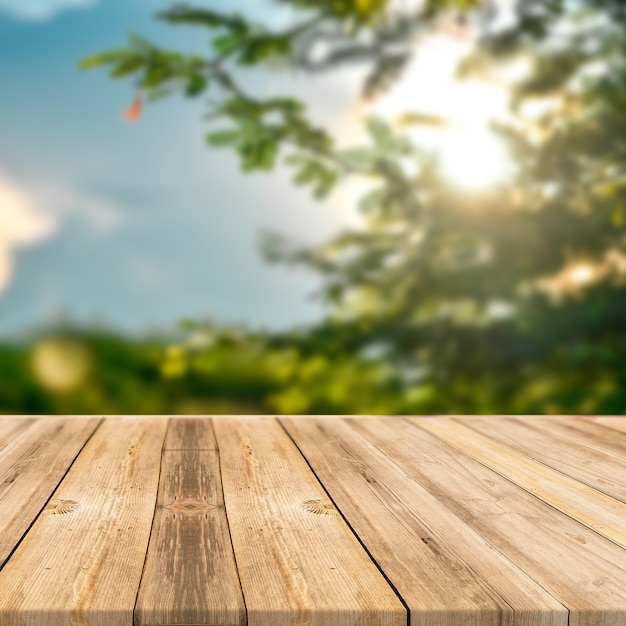 wooden table in outdoor green trees nature sunlight square display background