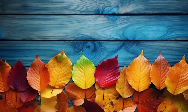 a wooden table outdoors overlooks the autumn leaves