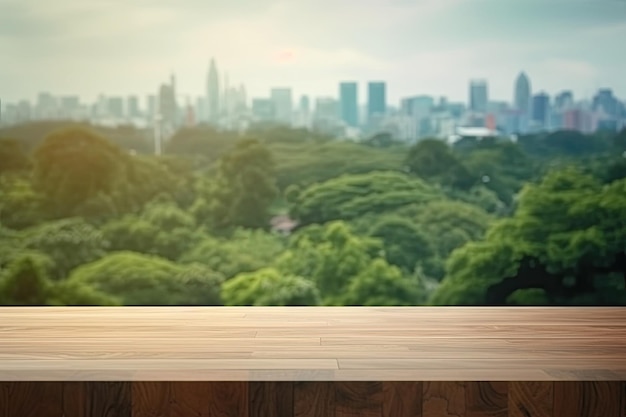 Wooden table overlooking a bustling cityscape Generative AI