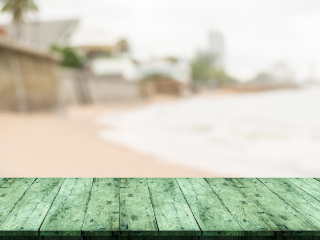 Wooden Table Perspective. beach blur background